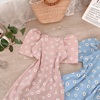 ĐẦM HOA CÚC CỔ VUÔNG XẾP LY