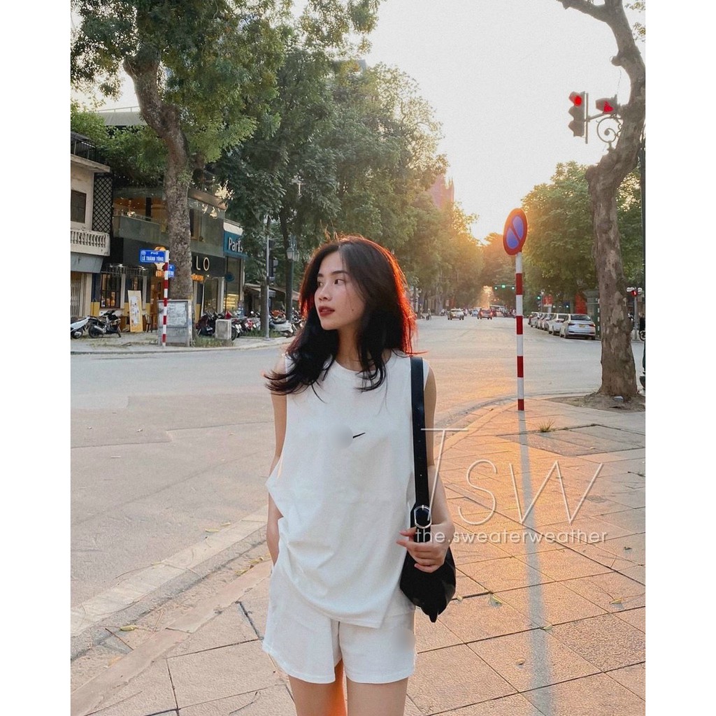 Set áo thun Tanktop mix quần short đùi in logo tích form rộng, bộ áo ba lỗ quần đùi trơn basic ulzzang