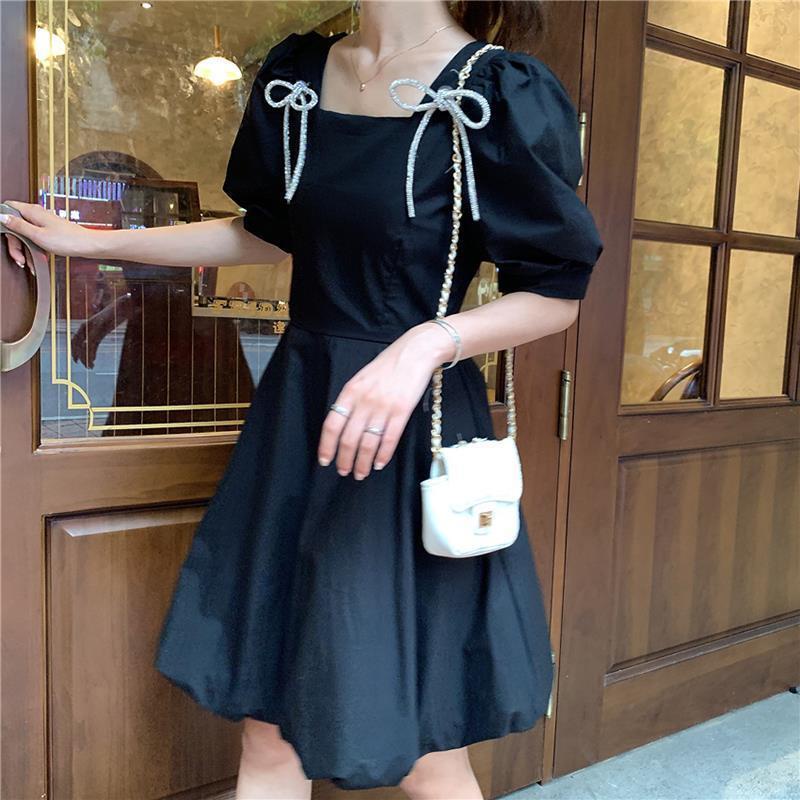 Đầm Chữ A Tay Ngắn Phồng Cổ Vuông Thắt Nơ Phong Cách Hàn Quốc Thời Trang Mùa Hè Hàng Mới Dành Cho Bạn Nữ