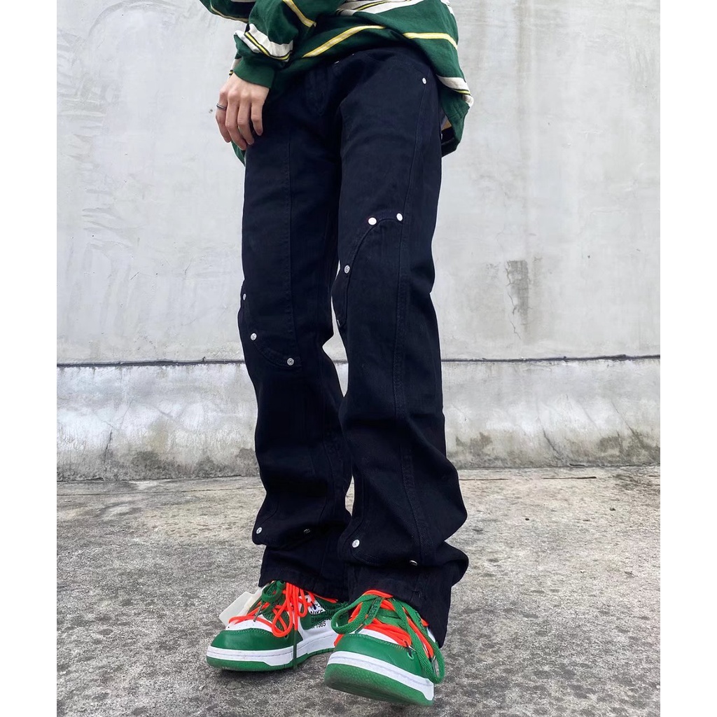 Quần jean lưng cao dáng rộng có dây kéo phong cách hip hop thời trang Âu Mỹ size S-4XL cho nam và nữ