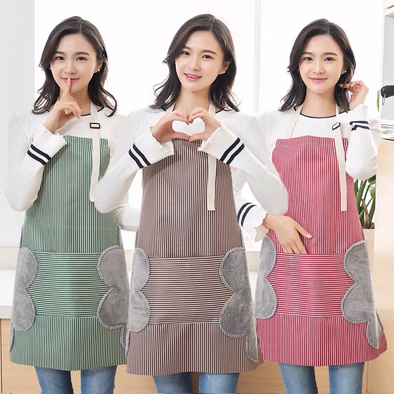[Free Ship] Tạp dề kẻ hoa có khăn lau tay bên hông, tạp dề chống thấm nước 88207