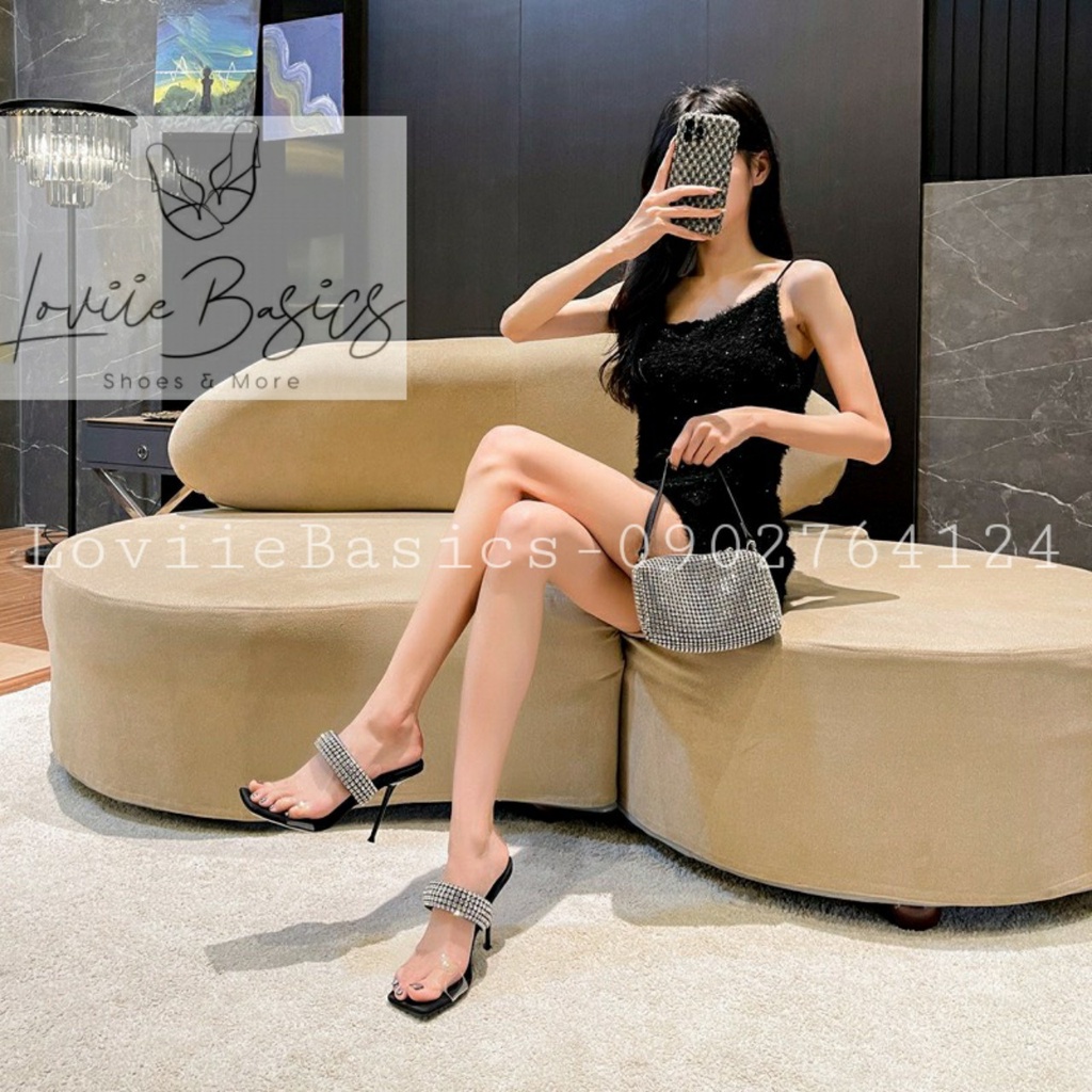GUỐC NỮ LOVIIE BASICS - DÉP THỜI TRANG QUAI NGANG ĐÍNH ĐÁ - DÉP CAO GÓT MŨI VUÔNG 11 PHÂN - D220781