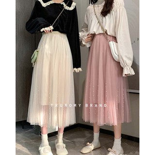 Chân váy xòe dài dập ly nhỏ đính ngọc Vintage Quảng Châu, vải trơn, voan lưới, cạp thun, dài qua gối - Trumomy