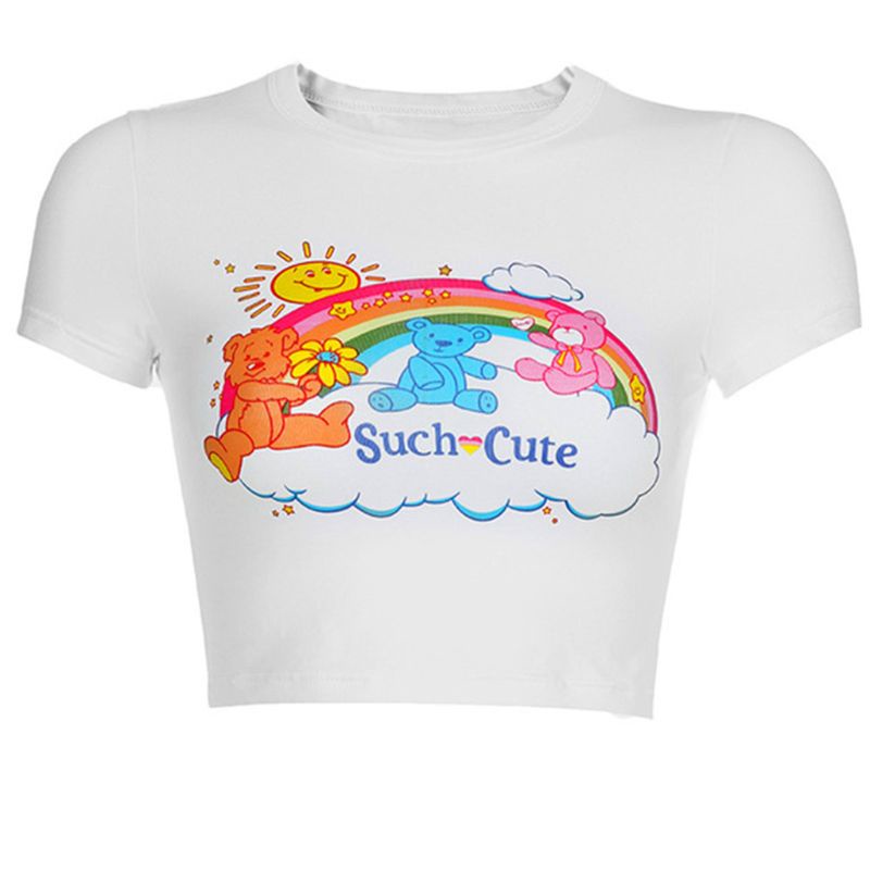 Xiangbao Áo Thun Crop Top Tay Ngắn Cổ Tròn In Hình Gấu Hoa Cúc Cầu Vồng Hoạt Hình Mùa Hè Cho Nữ Tuổi Teen F