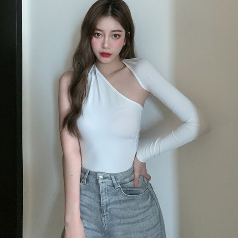 Áo Thun Tay Dài Dáng Ôm Hở Vai Màu Trơn Quyến Rũ Cho Nữ