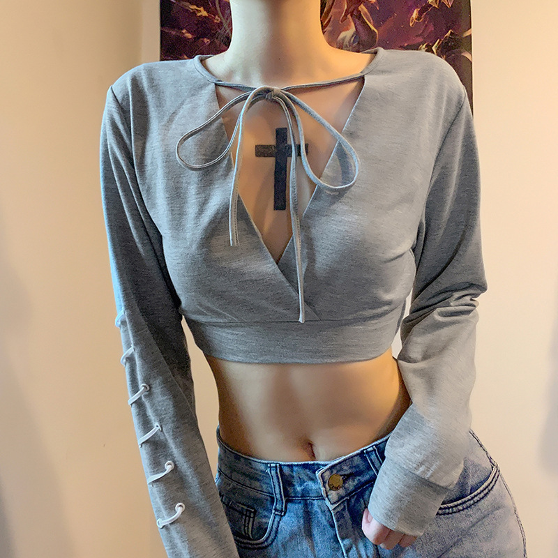 MODOU New Design Women Sexy Strap V-neck Long Sleeve Hoodie Crop Top | BigBuy360 - bigbuy360.vn