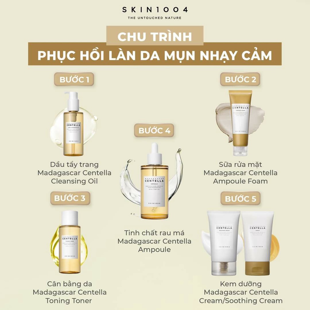Trọn Bộ Combo Skin1004 Madagascar Centella Giảm Mụn, Mờ Thâm (DTT + sữa rửa mặt + toner + serum 55ml + kem dưỡng + kcn )