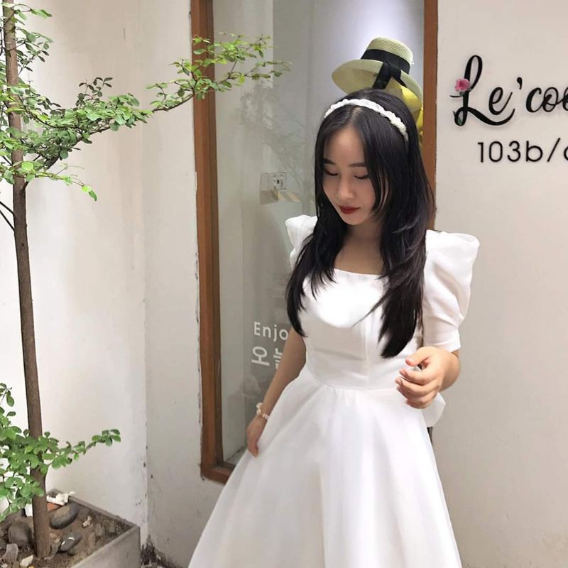 [CÓ SẴN] Đầm nữ trắng xòe nơ hở lưng dáng dài tay phồng Cindy Dress sang trọng bigsize dự tiệc lady xanh giá rẻ đẹp