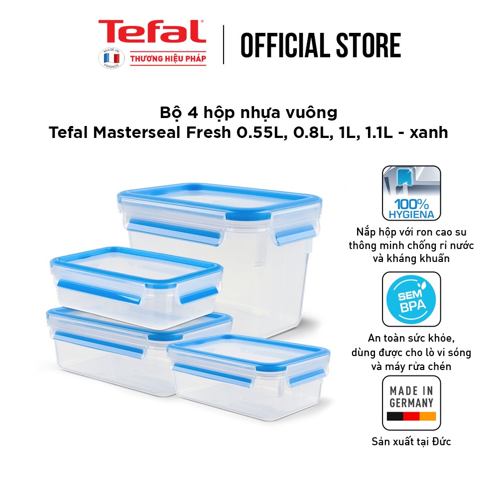 Bộ 4 hộp đựng thực phẩm nhựa, Tefal Masterseal Fresh (550ml, 800ml, 1000ml, 1100ml)