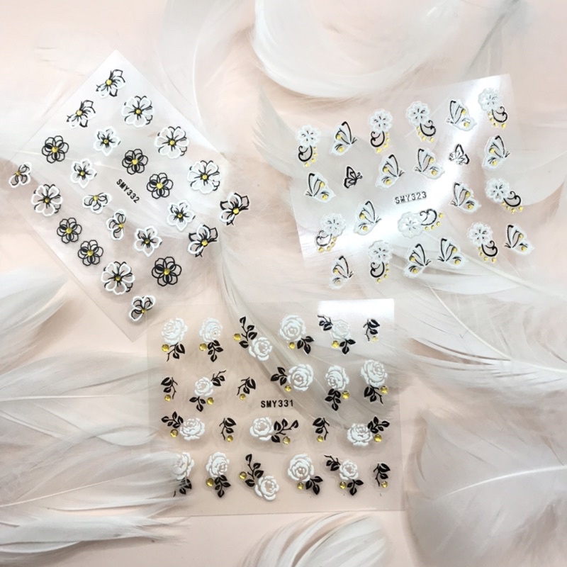 Sticker dán móng nail hoa lá trắng đen 3d