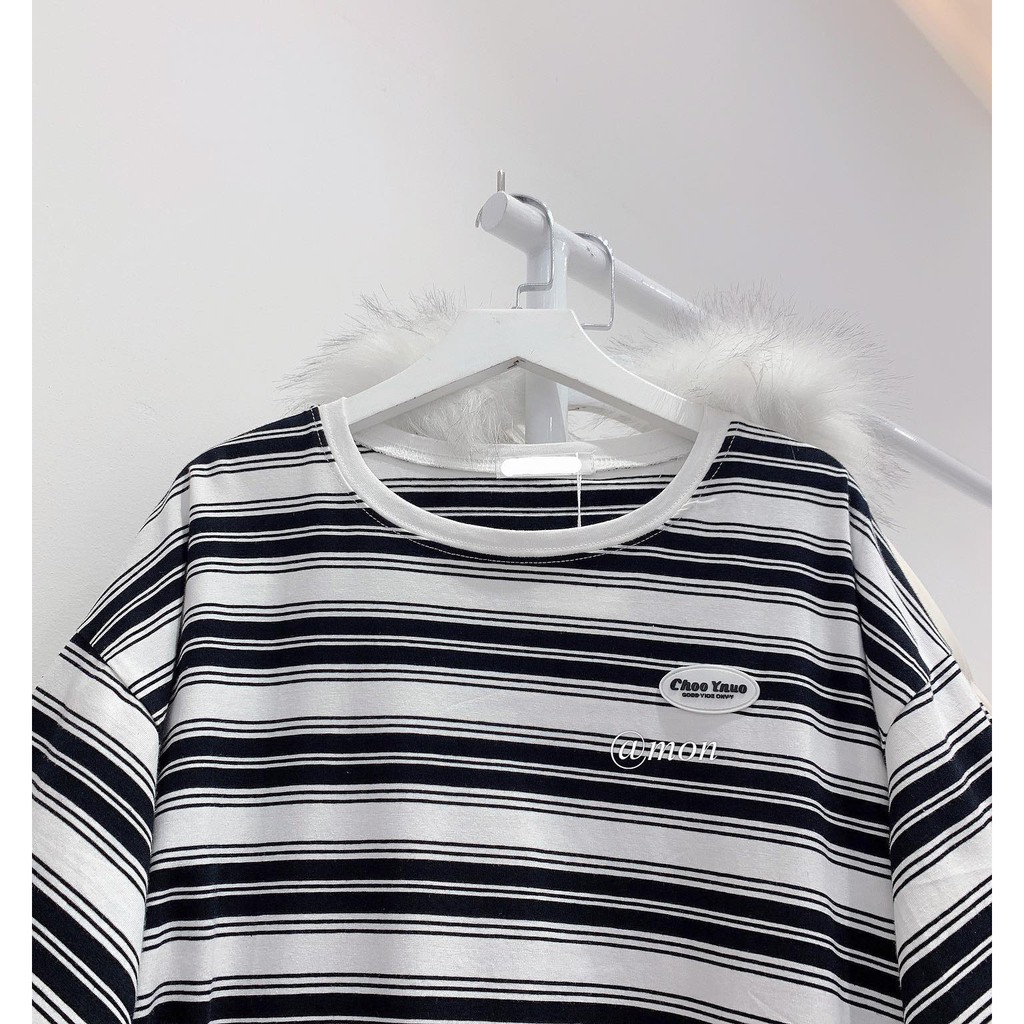 2101459 Áo phông nữ - áo phông kẻ đen trắng logo cao su chất cotton mềm mát freesize