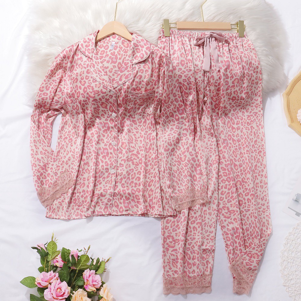 Set đồ ngủ dài tay cổ bẻ + quần dài họa tiết da báo thời trang thoải mái cho nữ