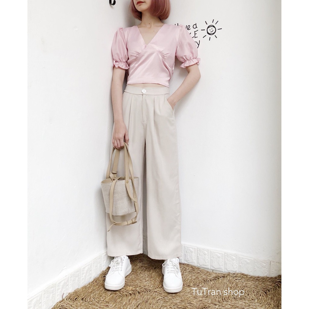 Áo croptop cổ V thắt nơ eo