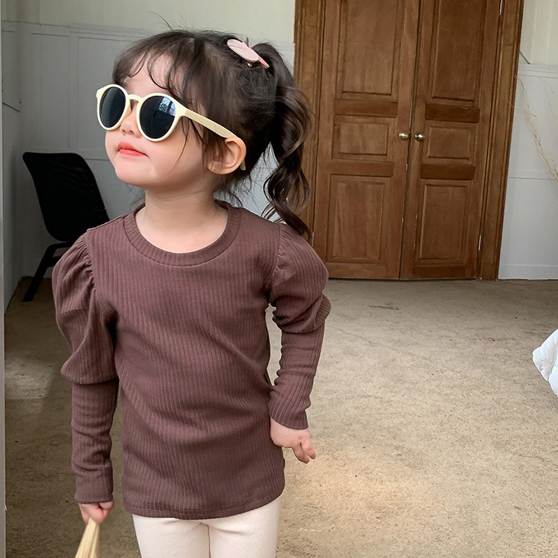 Áo Thun Cotton Tay Phồng Họa Tiết Sọc Thời Trang Mùa Thu Hàn Quốc Dành Cho Bé Gái