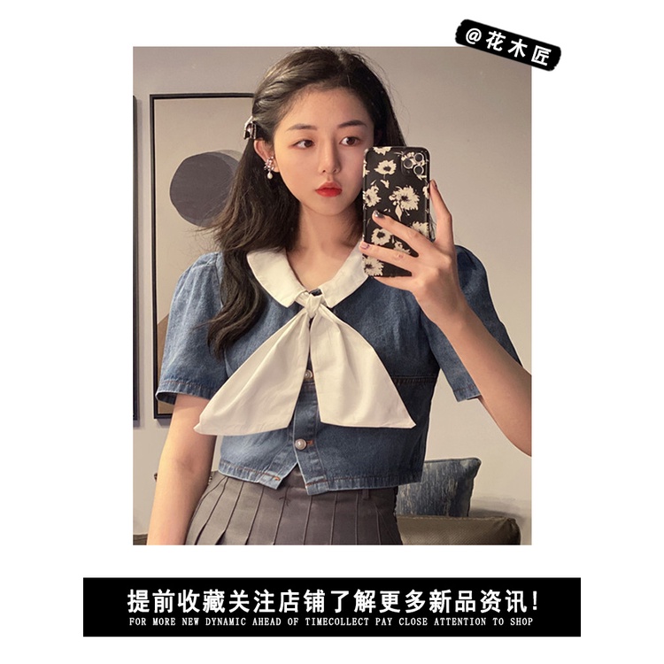 Women's Short Style2021Younger Summer Puff Sleeve Top Doll Collar Korean Style Sense of Design Shirt Denim New