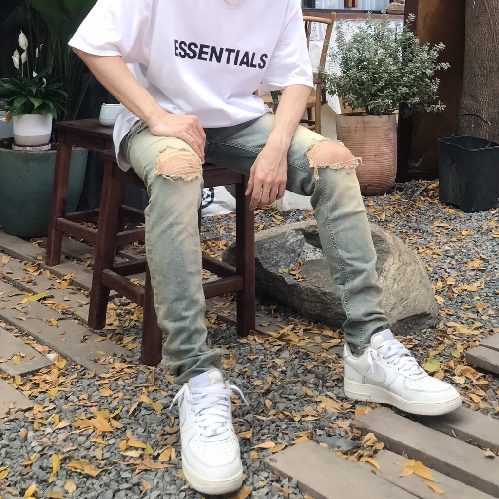 Quần jean nam cao cấp streetwear KQ29 màu xanh wash vàng rách gối form slimfit chất jean co giãn, thoải mái.