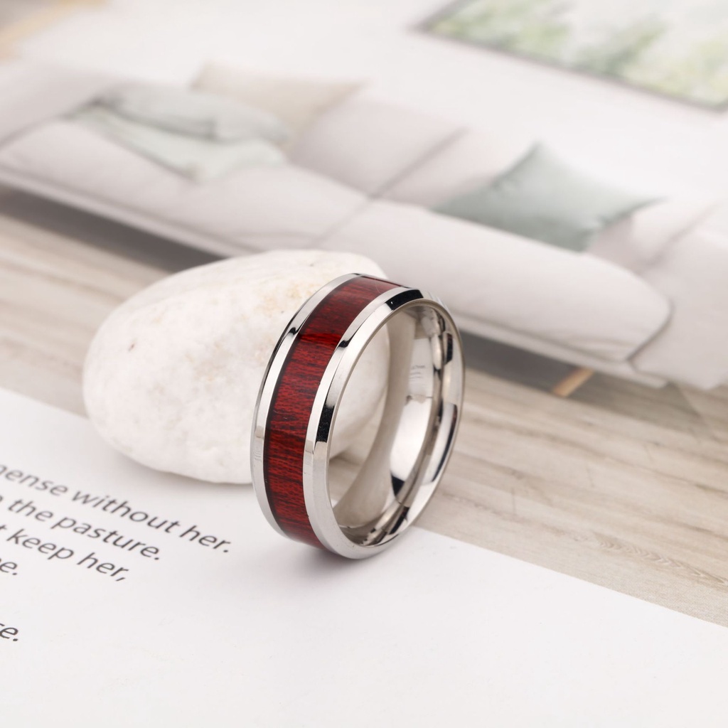 Nhẫn nam nữ tròn Unisex màu bạc đỏ Thời trang Kuu Clothes chất liệu Titan đẹp đơn giản - Nhẫn Red Wood