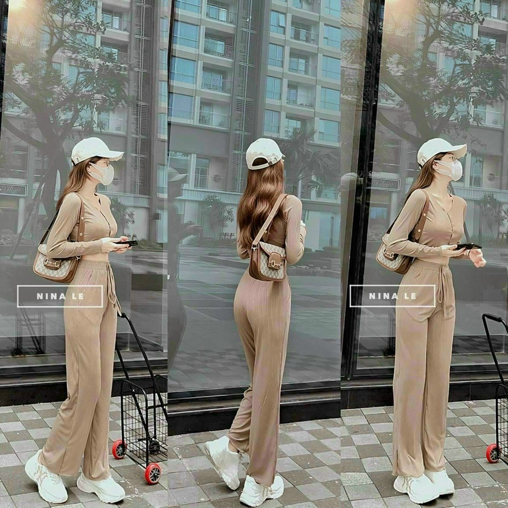 Sét Bộ Nữ Thời Trang Mặc Đi Chơi, Sét Bộ Thun Gân Áo Croptop Tay Dài Cổ Tim Mix Quần 3 Màu Phong Cách
