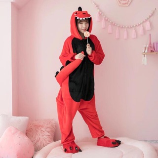Pijama thú bông hình khủng long đỏ/xanh (sẵn cho bé và người lớn)