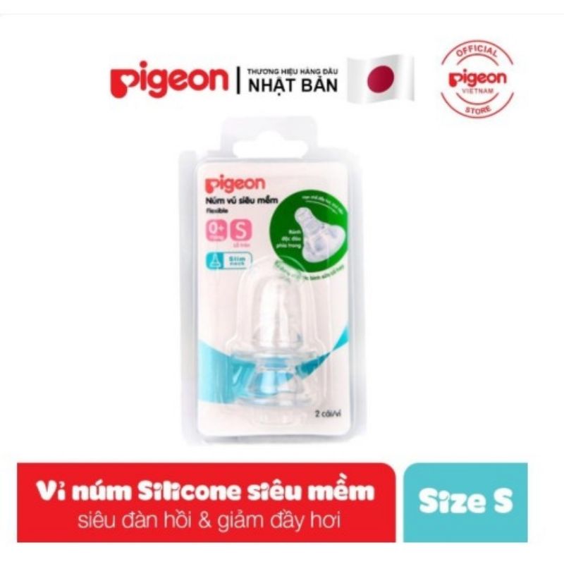 Núm vú PIGEON cổ hẹp siêu mềm, Núm ti thay thế đủ sizeS,M,L,Y(vỉ 2 cái)