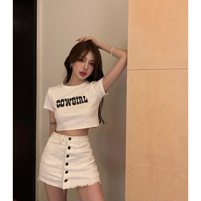 Áo Thun Croptop Tay Ngắn Cổ Tròn In Họa Tiết Phong Cách Retro
