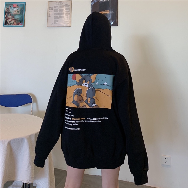 ZHELIHANGFEI  Áo Hoodie Dáng Rộng In Họa Tiết Hoạt Hình Xinh Xắn
