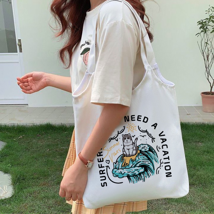 Túi Tote Vải Canvas In Hình Summer Cat Phong Cách Ulzzang (Có Khóa Kéo)