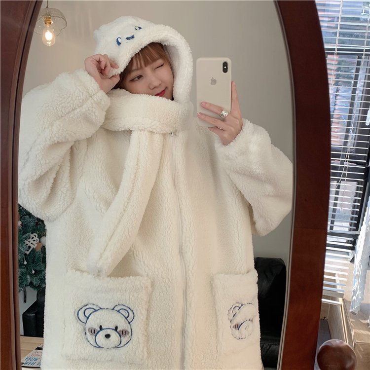 Aó khoác vải lông gấu unisex Cheapy màu trắng form rộng 2 túi có mũ ulzzang cá tính phong cách hàn quốc C498