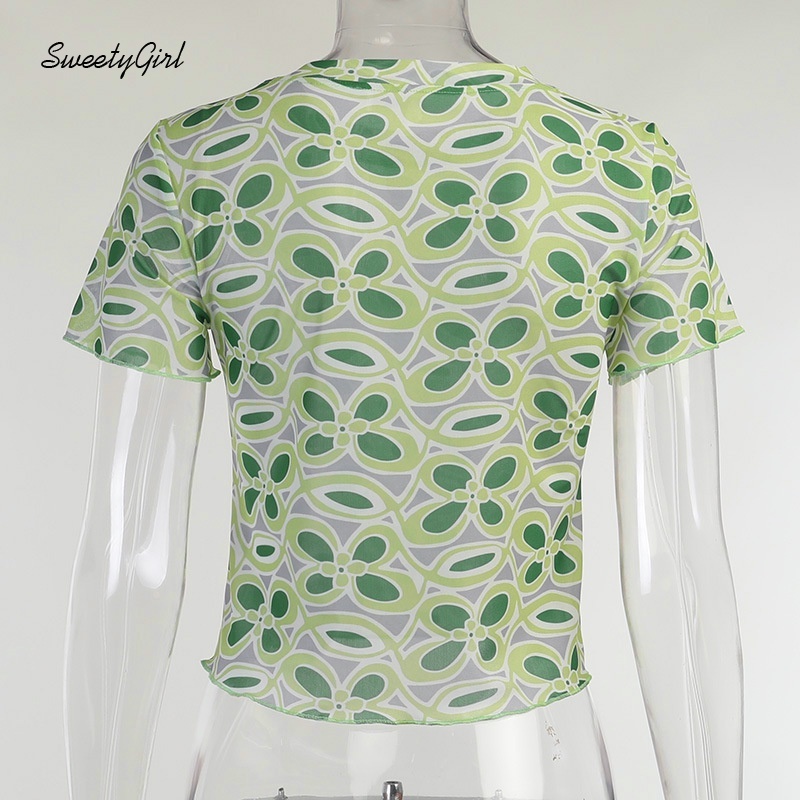 Áo croptop Ngắn Tay Cổ Tròn In Hoa Thời Trang Cho Nữ