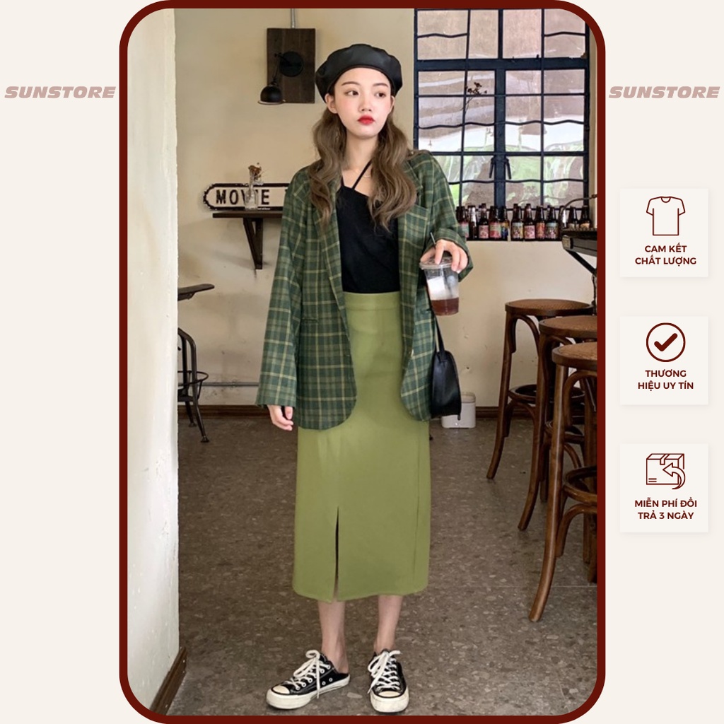 Áo khoác vest blazer sọc caro xanh và chân váy suông xẻ tả màu xanh Ulzzang