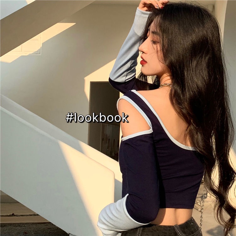 Áo thun COZOK tay dài trễ vai ôm dáng nhiều kiểu dáng phong cách retro