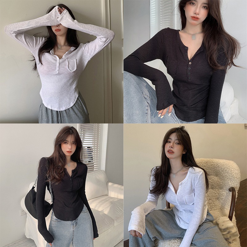 Áo Thun Cổ Chữ V Dáng Ôm Tay Dài Chống Nắng Thiết Kế Giản Dị Thời Trang Cho Nữ