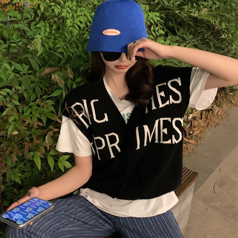 Áo dệt kim SUXI sát nách dáng rộng cổ chữ V in chữ phong cách Hàn Quốc thời trang mùa hè cho nữ