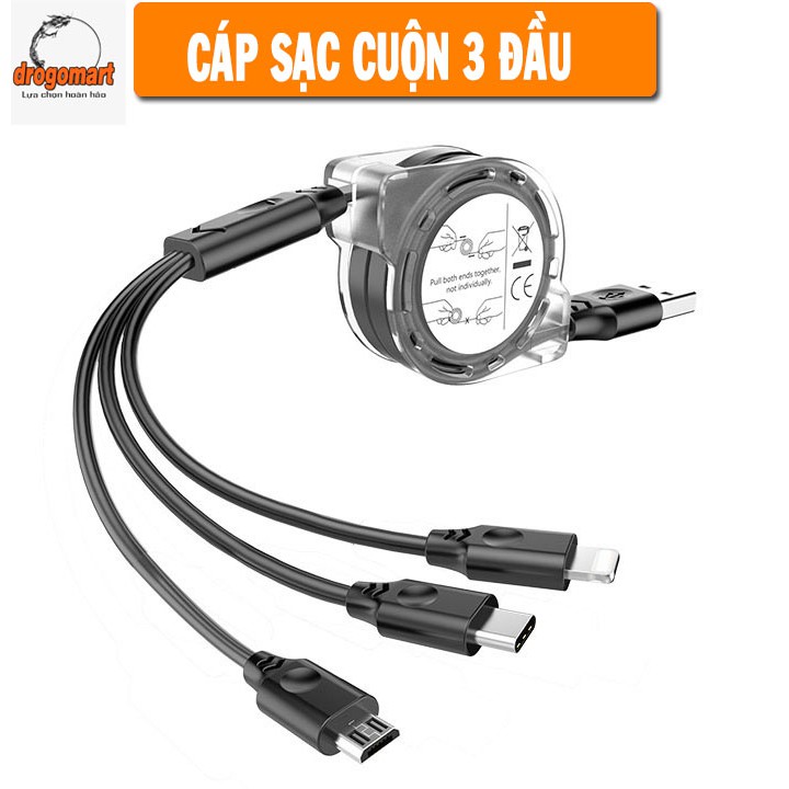 ( FREESHIP 99K ) Cáp sạc dây kéo cuộn tròn 3 đầu