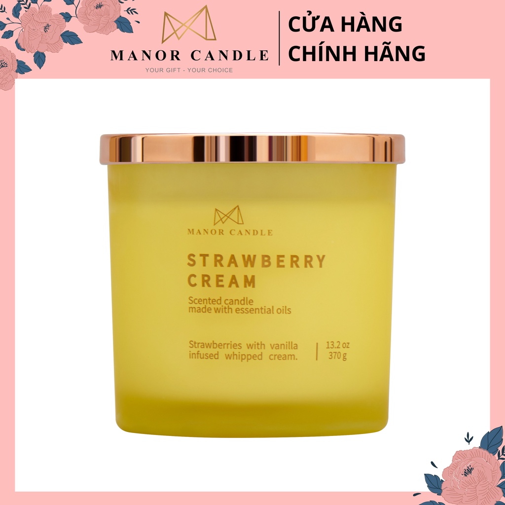 Nến thơm STRAWBERRY CREAM cao cấp không khói an toàn, sáp cọ size 13oz 3 bấc 300gram