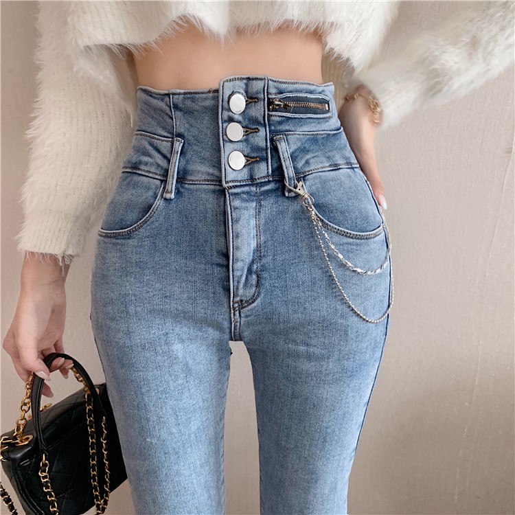 Quần Jeans Mỏng Phối Khóa Kéo Và Dây Xích Thời Trang Mùa Thu Cá Tính