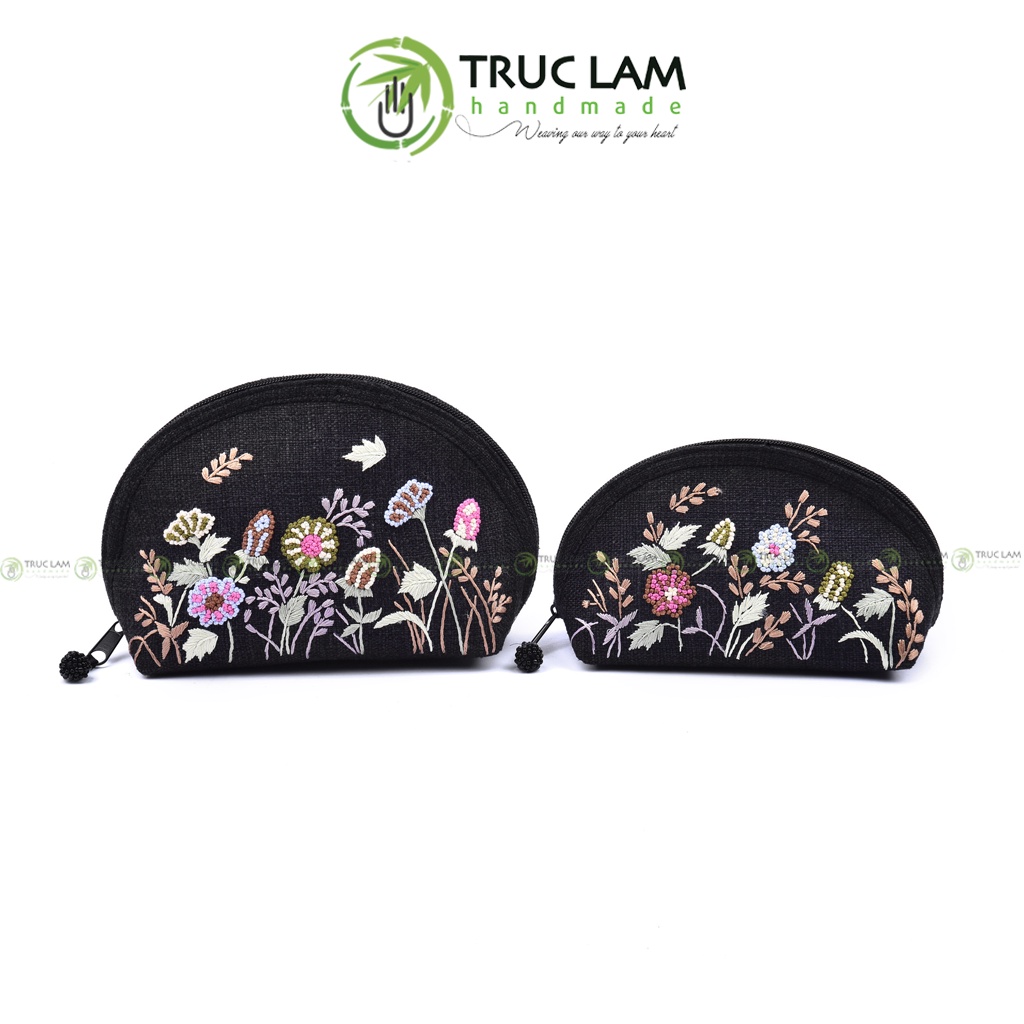 Ví Cầm Tay Nữ Vải Gai Họa Tiết Hoa Cỏ Thêu Tay Bộ Hai Chiếc Trúc Lâm Handmade