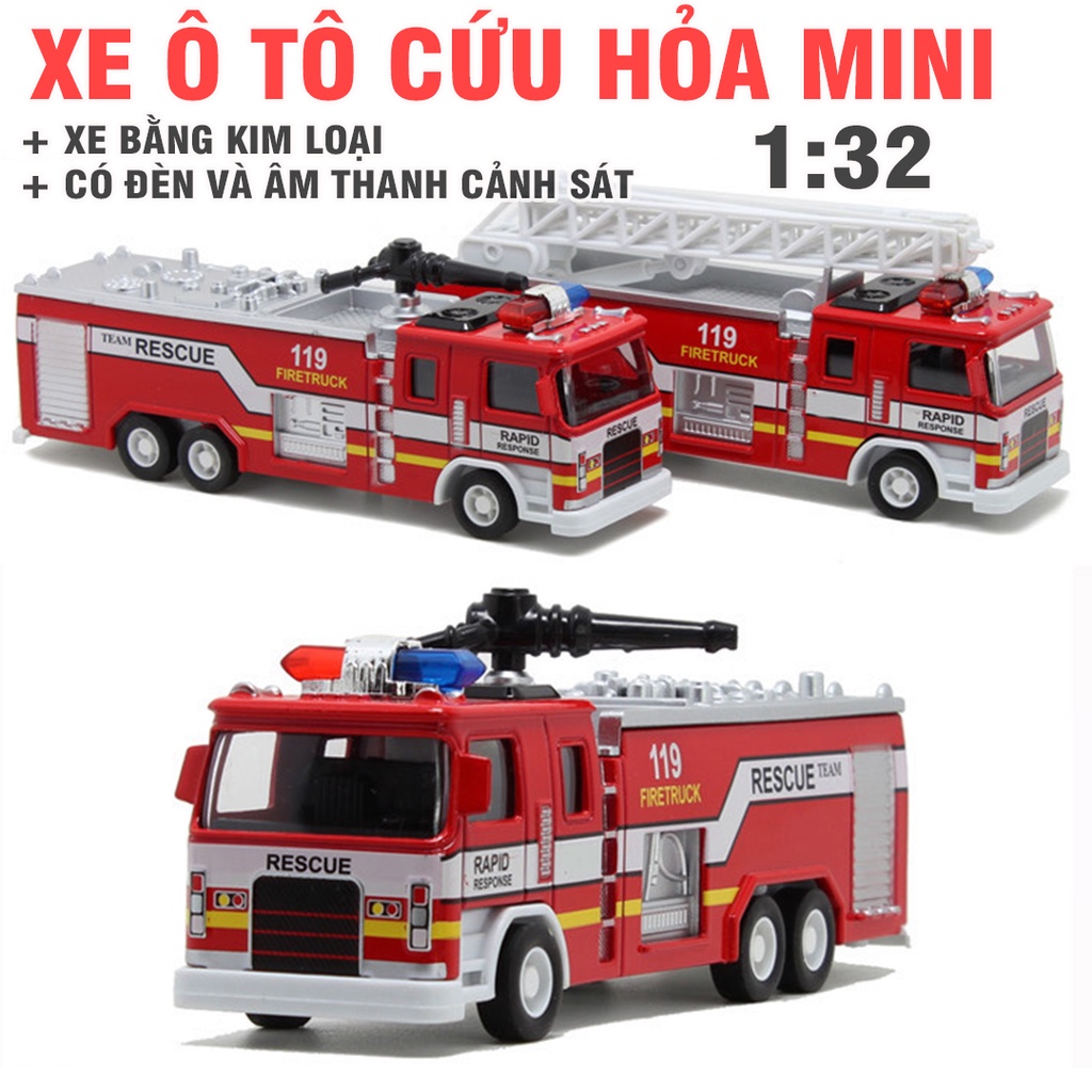 Đồ chơi xe cứu hỏa bằng sắt có âm thanh và đèn mô hình tỉ lệ 1:32 quà tặng đồ chơi trẻ em