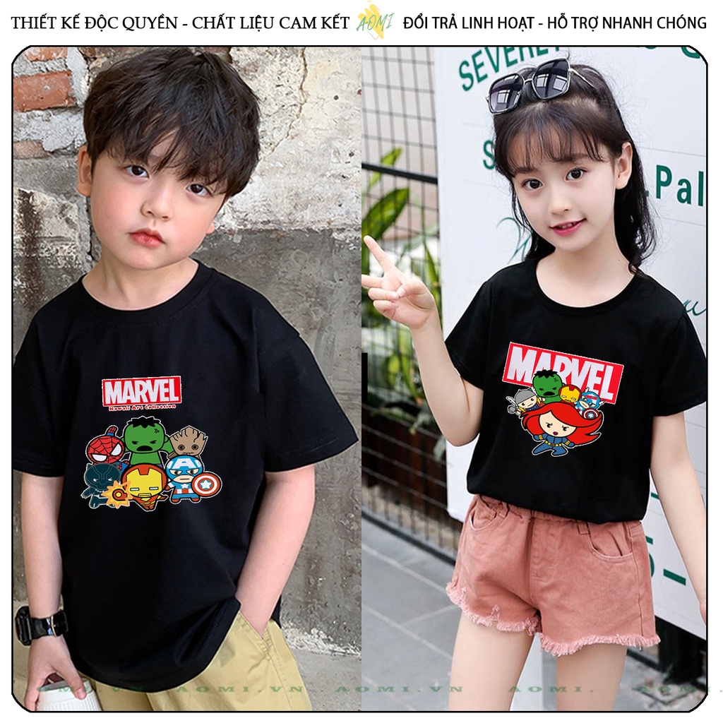 ÁO THUN Avengers Kids MCU UNISEX PHÔNG ĐEN TAY NGẮN NAM NỮ GIA ĐÌNH CẶP ĐÔI SIZE TRẺ EM BÉ TRAI GÁI AOMIVN