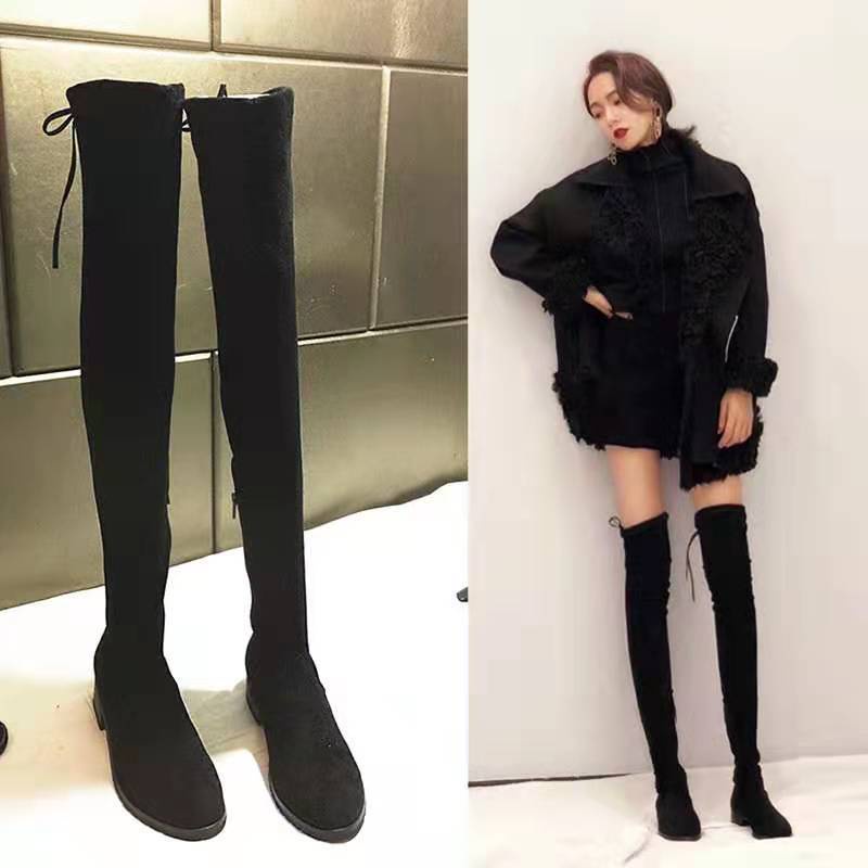 Đôi giày bốt cổ cao qua gối đế bằng vải nhung mỏng co giãn thời trang thu đông hàng mới cho bạn nữ 2021