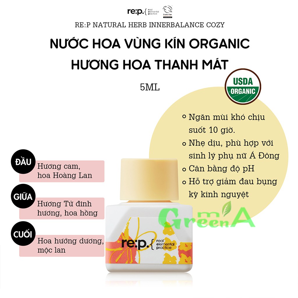 Nước Hoa Vùng Kín RE:P Organic Fine Hương Hoa Thanh Mát Quyến Rũ RE:P NATURAL HERB INNER BALANCE FINE 5ml Hộp Vàng