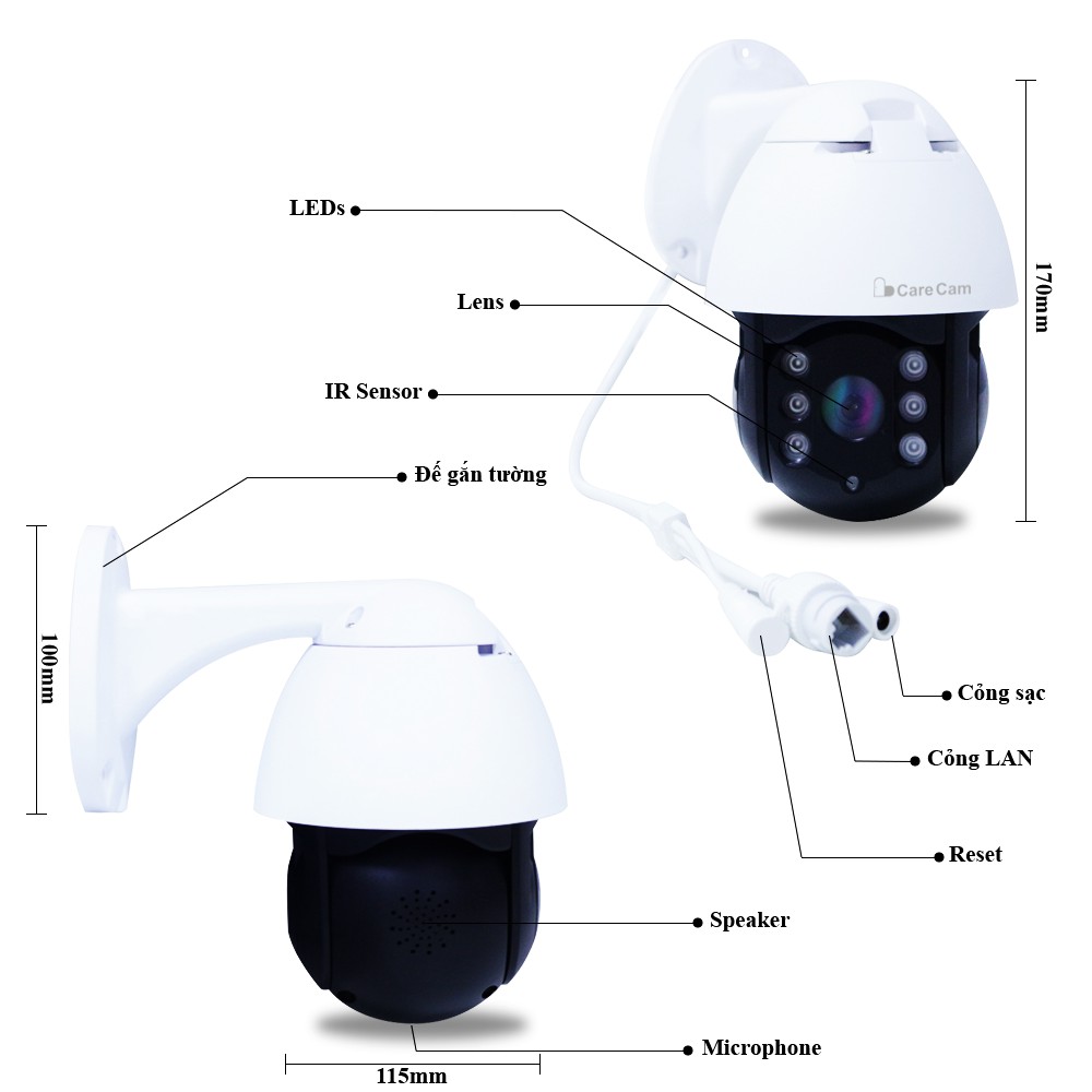 Camera ip wifi giám sát PTZ Carecam FullHD 2.0MP ngoài trời hồng ngoại cảnh báo động chuyển động, xoay 360 | BigBuy360 - bigbuy360.vn