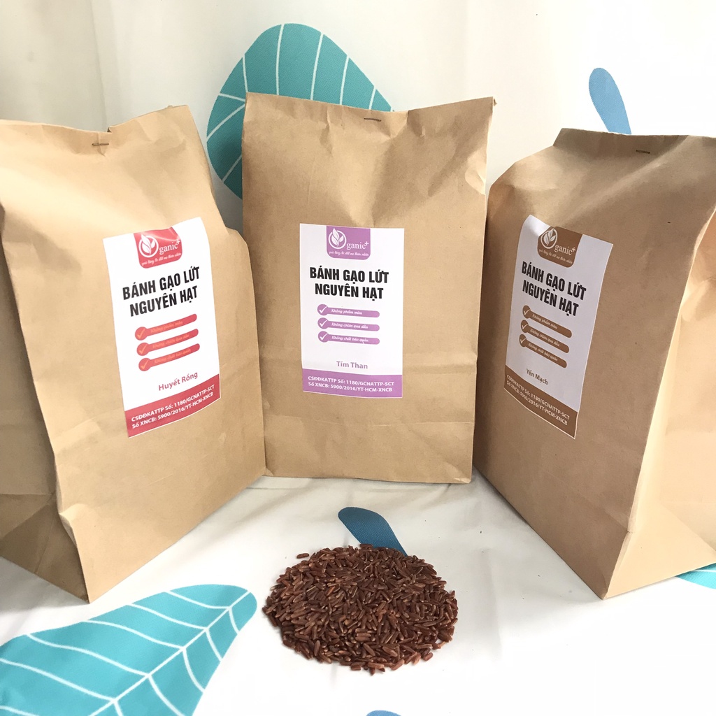 Bánh gạo lứt nguyên hạt, bánh thực dưỡng eatclean nguyên cám không chiên (vị tím than, huyết rồng, yến mạch)