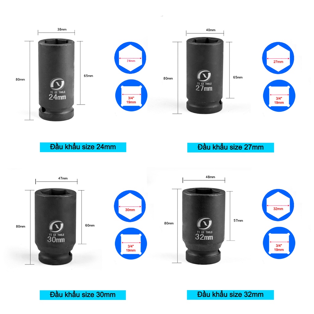 Bộ 7 đầu khẩu 3/4 inch mở ốc lục giác 27-32-33-34-41-50-55mm dài 80mm thép CR-Mo - tuýp mở siết bulong