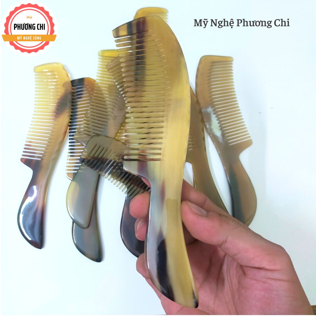 Lược sừng trâu chuôi chéo trơn trắng nưa dài 19cm, lược chải tóc gỡ rối massage đầu | Mỹ nghệ phương chi