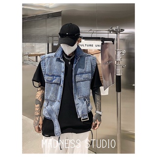 Áo khoác denim unisex Jacket Jeans gile bò phối túi phong cách Hàn Quốc streetstyle - Madness Studio