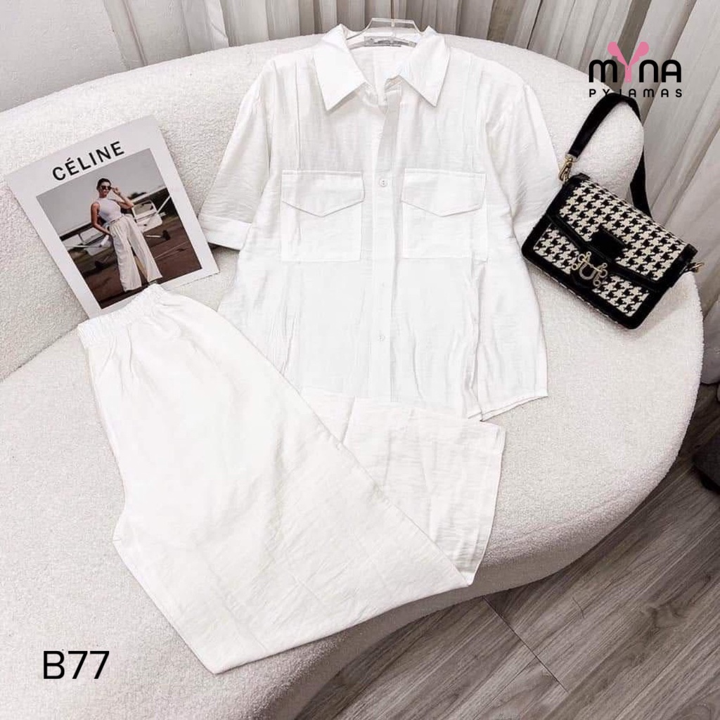 Bộ đũi áo sơ mi cộc tay quần xuông dài, set bộ sơ mi đũi cổ đức 2 túi - MYNA PYJAMAS