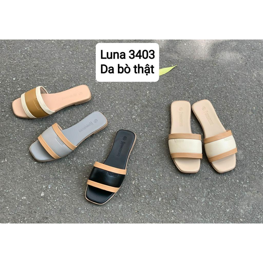 Dép quai ngang nữ đế bệt LUNASHOES 3403 chống nước mũi hở da bò trơn bóng siêu đẹp bảo hành tới 2 năm