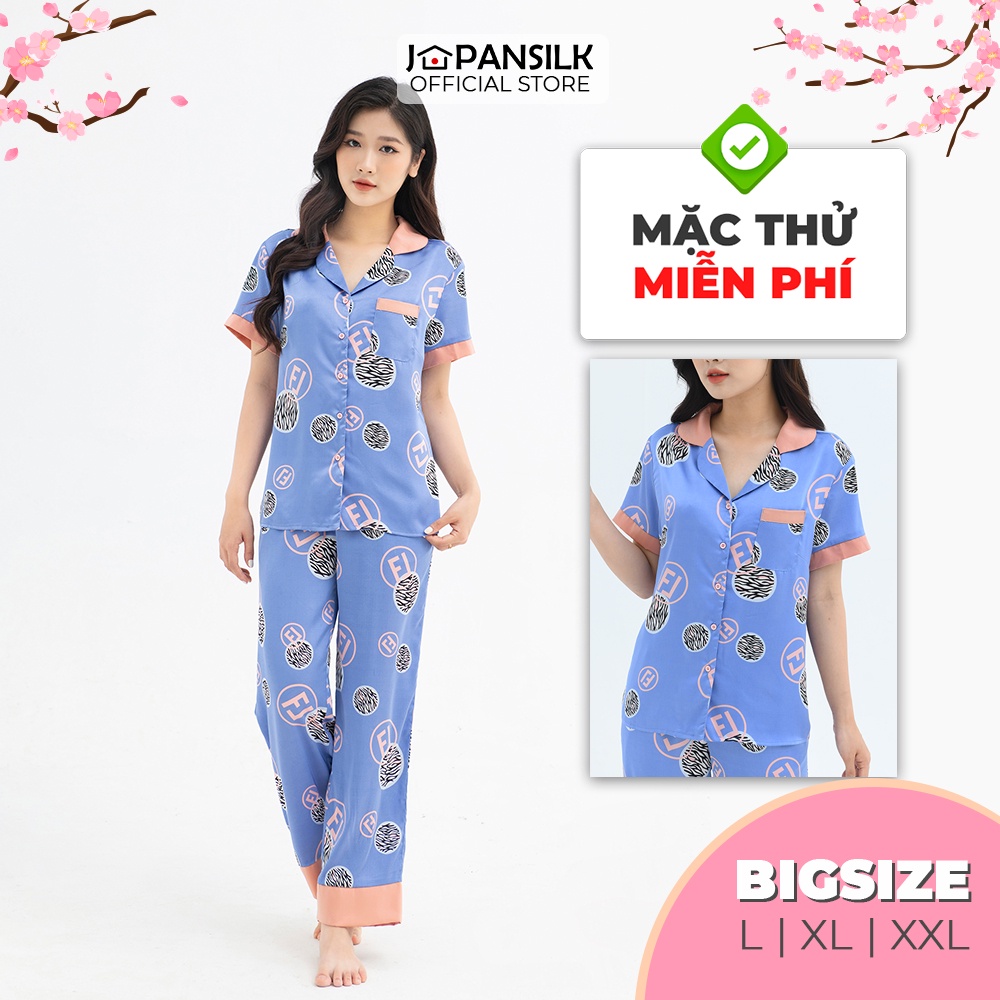 Bộ đồ ngủ Bigsize Pijama lụa Nhật cao cấp JAPANSILK, ngắn tay quần dài họa tiết chữ FL viền màu cam CD072