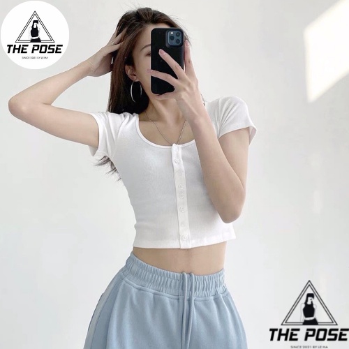 Áo Croptop Nữ Cổ Tròn Cài Cúc Áo Trơn Basis 2 Màu Cơ Bản  THE POSE
